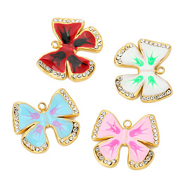 Stainless Steel Rhinestones Pendants, with Enamel, Golden, Bowknot Charms