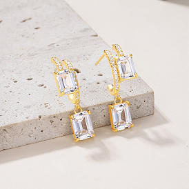 925 Sterling Silver Square Crystal Dangle Stud Earrings