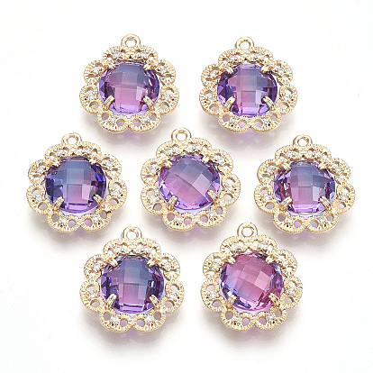 Латунные подвески, с граненым стеклом и прозрачным стразами, цветок, золотые