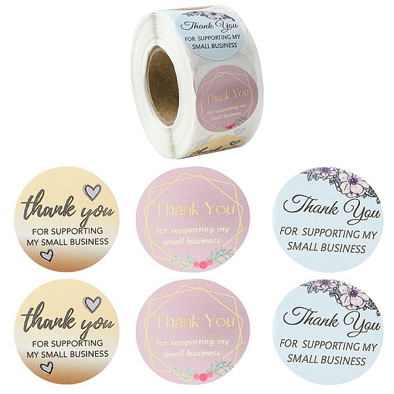 3 Patterns Round Dot Thank You Paper Self-Adhesive Gift Sticker Rolls, for DIY Albums Diary, Laptop Decoration Cartoon Scrapbooking