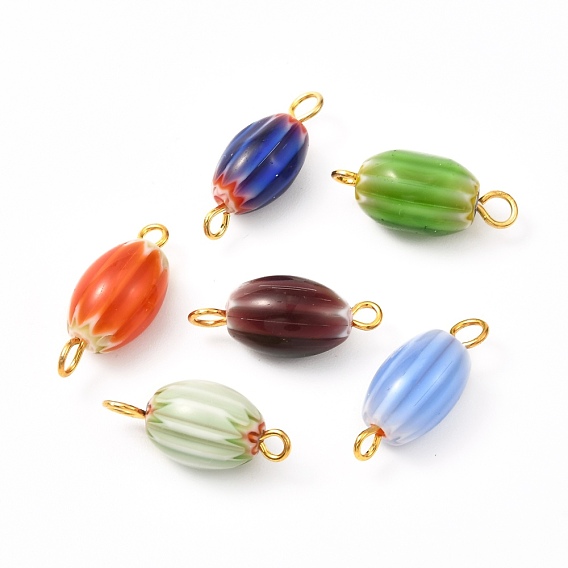 Oval Links Connectors, with Handmade Millefiori Glass Beads and Brass Pins, Golden