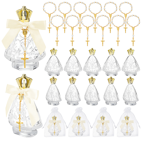 12шт. стеклянные флаконы для духов, пригодные для многоразового использования, с 12 подарочными пакетами из органзы шт., 12шт полиэстеровая упаковочная лента бант, 12шт. браслеты из сплава с крестом и подвеской в виде Иисуса