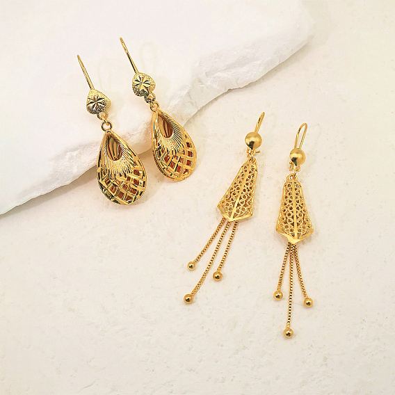 Hollow Brass Hoop Dangle Earrings for Women, Real 18K Gold Plated