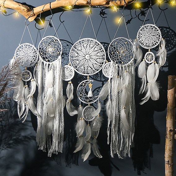 5Pcs 5 Style Indian Style Macrame Wall Hanging, Iron Woven Web/Net with Feather Pendant Decorations
