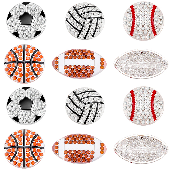 10Pcs 5 Styles Sports Balls Alloy Rhinestone Cabochons