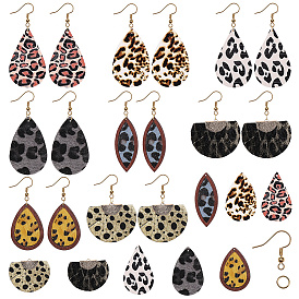 Fabrication de boucles d'oreilles Sunnyclue DIY, avec des pendentifs en cuir de vachette et en cuir pu en bois imprimé et écologique, crochets de boucle d'oreille en laiton plaqué or, imprimé léopard