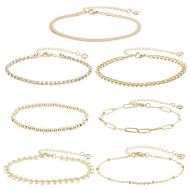 7шт 7 набор из латунных плоских звеньев цепи-змейки, спутников и листьев, теннисные браслеты с кристаллами и стразами, эластичные ножные браслеты из бисера для женщин