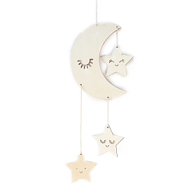 Unfinished Wood Pendant Decorations, Wall Decorations, Moon & Star with Smiling Face