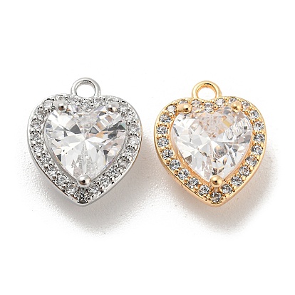 Brass Micro Pave Cubic Zirconia Charm, with Glass, Heart