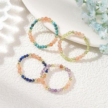 Adjustable Natural Gemstone Beaded Stretch Rings for Women, Faceted Round, Golden