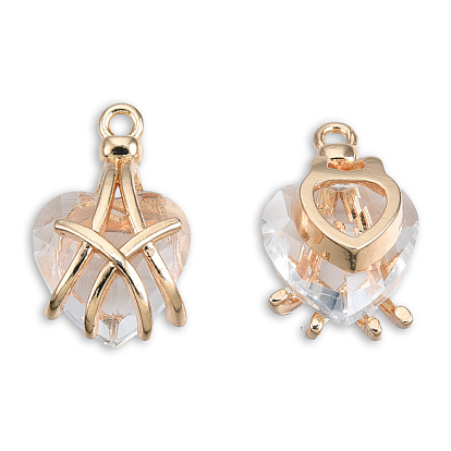 Transparent K9 Glass Pendants, with Light Gold Plated Brass Findings, Cadmium Free & Lead Free, Faceted, Heart
