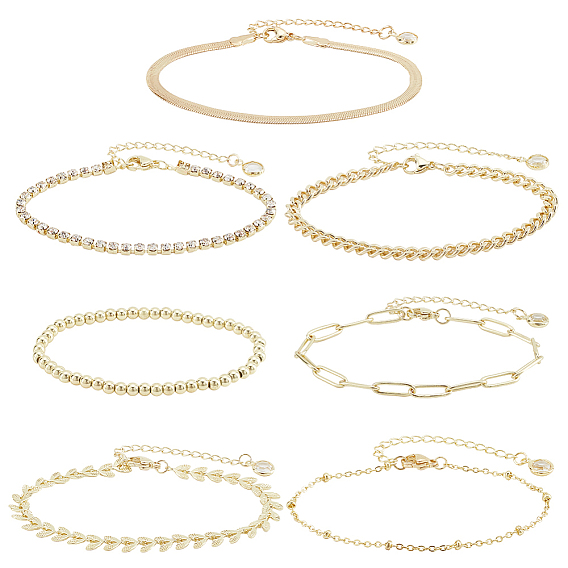 7шт 7 набор из латунных плоских звеньев цепи-змейки, спутников и листьев, теннисные браслеты с кристаллами и стразами, эластичные ножные браслеты из бисера для женщин