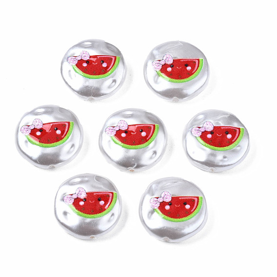 3D Printed ABS Plastic Imitation Pearl Beads, Flat Round with Watermelon