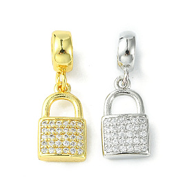 Rack Plating Brass Micro Pave Cubic Zirconia European Dangle Charms, Flat Round with Tree Large Hole Pendants, Long-Lasting Plated, Lead Free & Cadmium Free, Lock
