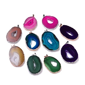 Natural Agate Big Pendants, Oval Charms, Dyed & Heated, with Brass Findings