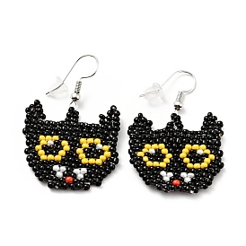 Glass Seed Braided Cat Dangle Earrings, Alloy Wire Wrap Halloween Earrings for Women