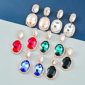 Multi-layer Alloy Oval Glass Rhinestone Earrings for Women, Geometric Studs