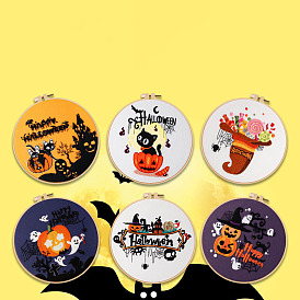 Halloween Pumpkin/Castle/Cat DIY Embroidery Kits, Including Printed Canvas Fabric, Embroidery Thread & Needles, Imitation Bamboo Embroidery Hoop