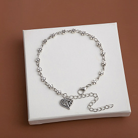 Vintage Silver Heart Bracelet Anklet for Women - Elegant Retro Chinese Style Jewelry