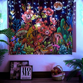 Black Light Abstract Botanical Wall Tapestry, Aesthetic Flower Eyeball Mushroom Tapestry, for Party Wall, Bedroom, Living Room