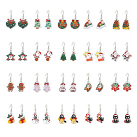 Серьги-подвески из сплава с эмалью в рождественской тематике, платина