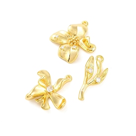 Brass Pave Clear Cubic Zirconia Pendants, Flower/Leaf