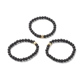Natural Lava Rock Round Beads Essential Oil Anxiety Aromatherapy Stretch Bracelets, Column Brass Micro Pave Cubic Zirconia Beads Bracelet for Girl Women, Golden
