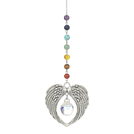 Glass Teardrop & Tibetan Style Alloy Wing Big Pendant Decorations, with Chakra Gemstone Beads, for Home Decorations
