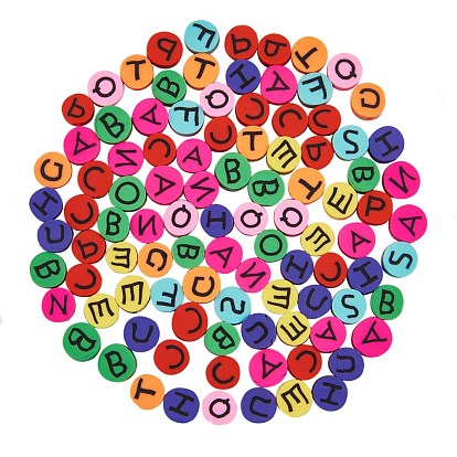 100Pcs Handmade Polymer Clay Beads, Flat Round with Letter