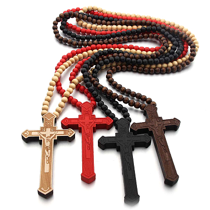 Wood Cross Pendant Necklace with Round Beaded Chains for Men Women