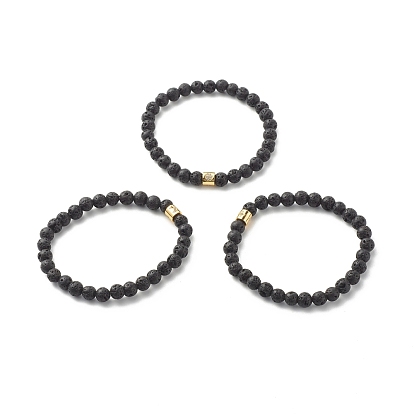 Natural Lava Rock Round Beads Essential Oil Anxiety Aromatherapy Stretch Bracelets, Column Brass Micro Pave Cubic Zirconia Beads Bracelet for Girl Women, Golden