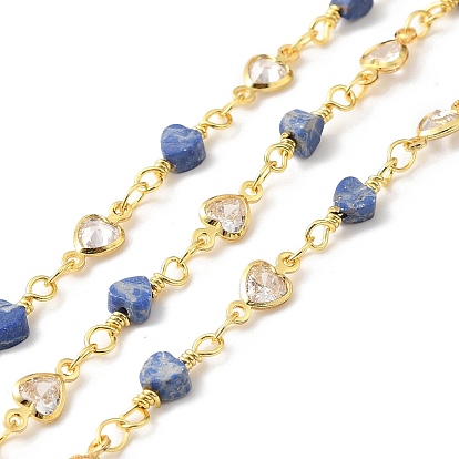 Handmade Heart Natural Sodalite Beaded Chains, Real 18K Gold Plated Star Brass Cubic Zirconia Chains, Soldered, with Spool, Cadmium Free & Lead Free