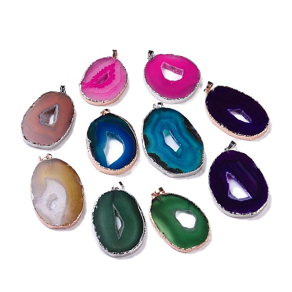 Natural Agate Big Pendants, Oval Charms, Dyed & Heated, with Brass Findings