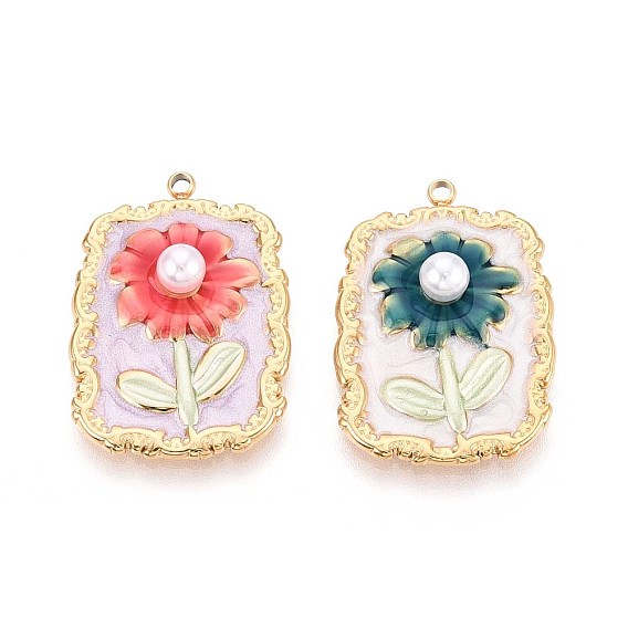 304 подвески из нержавеющей стали, с эмалью и искусственным жемчугом из АБС-пластика, прямоугольник и цветок, реальный 18 k позолоченный, ионное покрытие (ip)