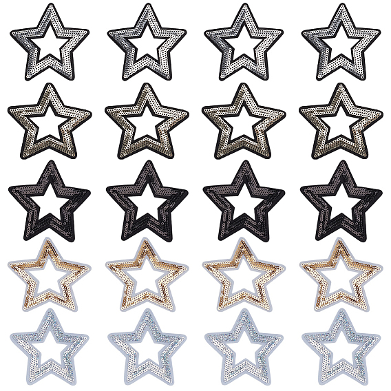 20Pcs 5 Colors Polyester with Plastic Paillette Sew On Patches, Cloth Appliques, Star