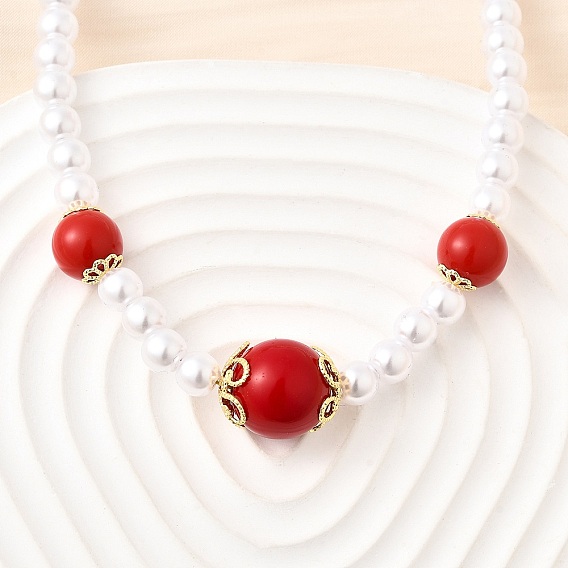 Ожерелья из круглых градуированных бусин из латуни и искусственного жемчуга АБС, красный и белый, без кадмия и без свинца, стойки покрытие, долговечный