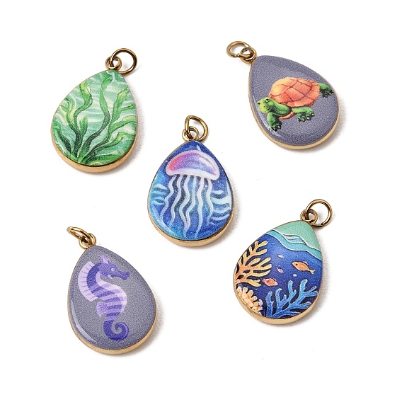 Printed 304 Stainless Steel Pendants, Teardrop Charms, Ion Plating(IP), Long-Lasting Plated, Golden