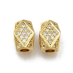 Brass Micro Pave Clear Cubic Zirconia European Beads, Large Hole Beads, Column with Rhombus, Long-Lasting Plated, Rack Plating, Lead Free & Cadmium Free