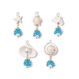 5шт. подвески из стекла в виде морских организмов, с ракушками и жемчугом из ракушек, синтетическими бирюзовыми бусинами и золотыми 304 петлями из нержавеющей стали с петлями для глаз