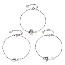 3Pcs 3 Style Turtle & Shell & Starfish Alloy Link Anklets Set with 304 Stainless Steel Cable Chains, Natural Aquamarine Chips Stackable Anklets