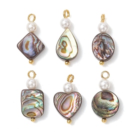 Подвески из натуральной раковины пауа и круглой белой раковинной жемчужины, Подвески в виде ромбов, сердец и прямоугольников с латунными петлями., разнообразные