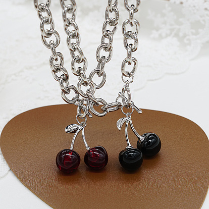 Cherry Pendant Chunky Chain Necklace - Vintage, Lock Collar, Gothic, Statement.