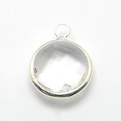 Silver Color Plated Brass Glass Pendants, Flat Round