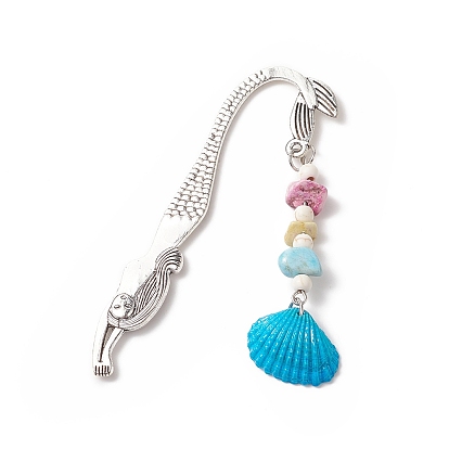 Spray Painted Sea Shell Pendants Bookmarks, Tibetan Style Mermaid Pattern Alloy Hook Book Marker with Synthetic Turquoise Beads