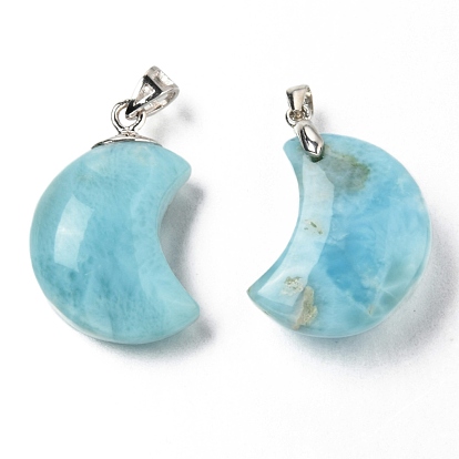 Natural Larimar Pendants, with Platinum Tone 925 Sterling Silver Findings, Moon