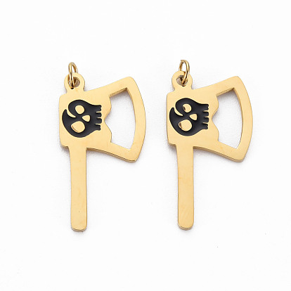 Ion Plating(IP) 316 Surgical Stainless Steel Enamel Pendants, with Jump Rings, Laser Cut, Cadmium Free & Nickel Free & Lead Free, Axe with Skull