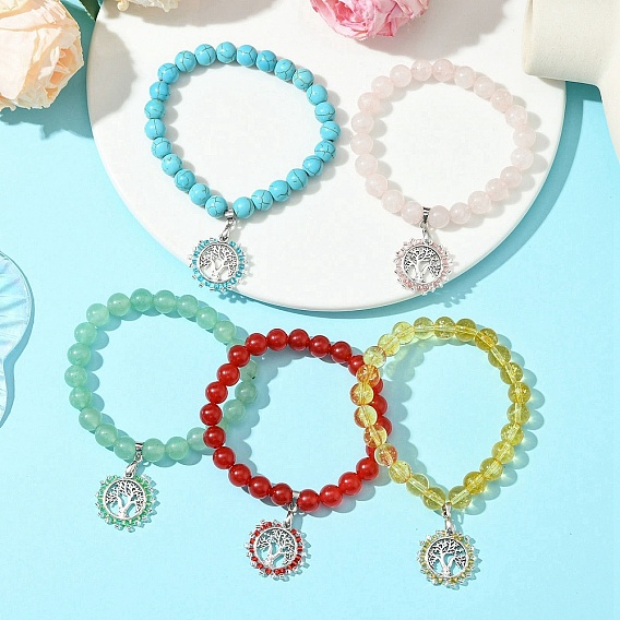 Эластичные браслеты для женщин из натурального зеленого авантюрина, синтетического цитрина, натурального и окрашенного малазийского нефрита, натурального розового кварца и синтетической бирюзы., с тибетском стиле сплава подвески