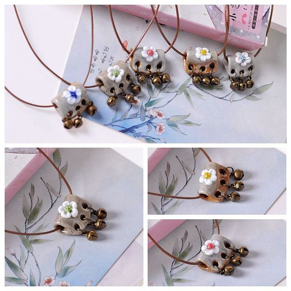 Ожерелья из вощеного шнура с подвеской в виде колокольчика из фарфорового цветка для женщин, античная бронза