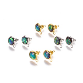 Brass Stud Earring Findings, with Loop, Faceted Synthetic Ammolite, Flat Round