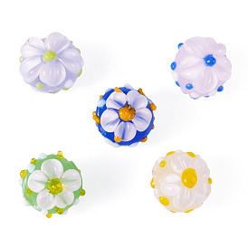 5Pcs 5 Colors Handmade Lampwork Enamel Beads, Hand Drawn Beads, Bumpy Round with Flower
